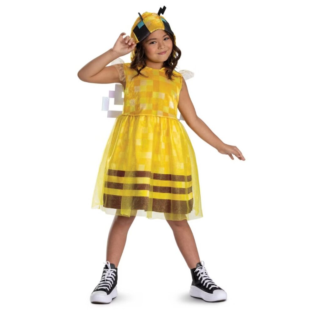 Minecraft Bee Halloween Costume 10/12 Yellow Hooded Dress & Wigs Kids Girls